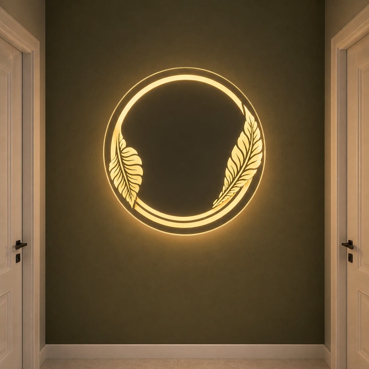 Luxury Round LED Wall Mirror with Golden Leaf Design