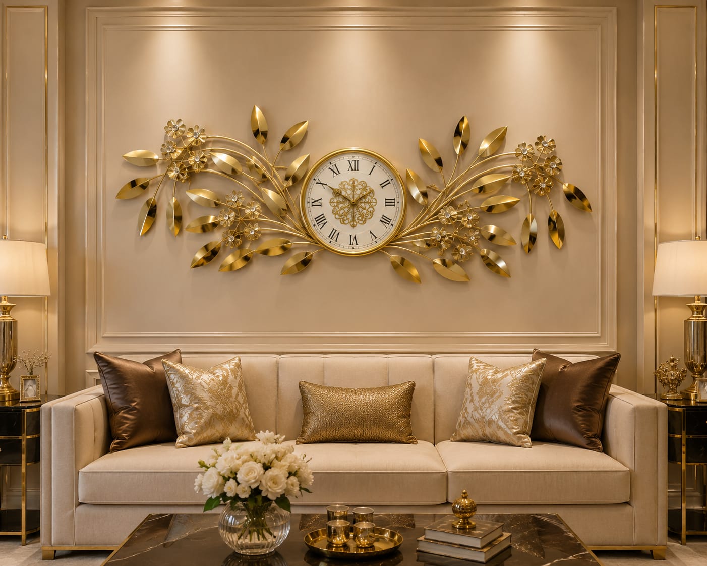 Decorative Floral Metal Wall Clock – 3D Gold Leaf
