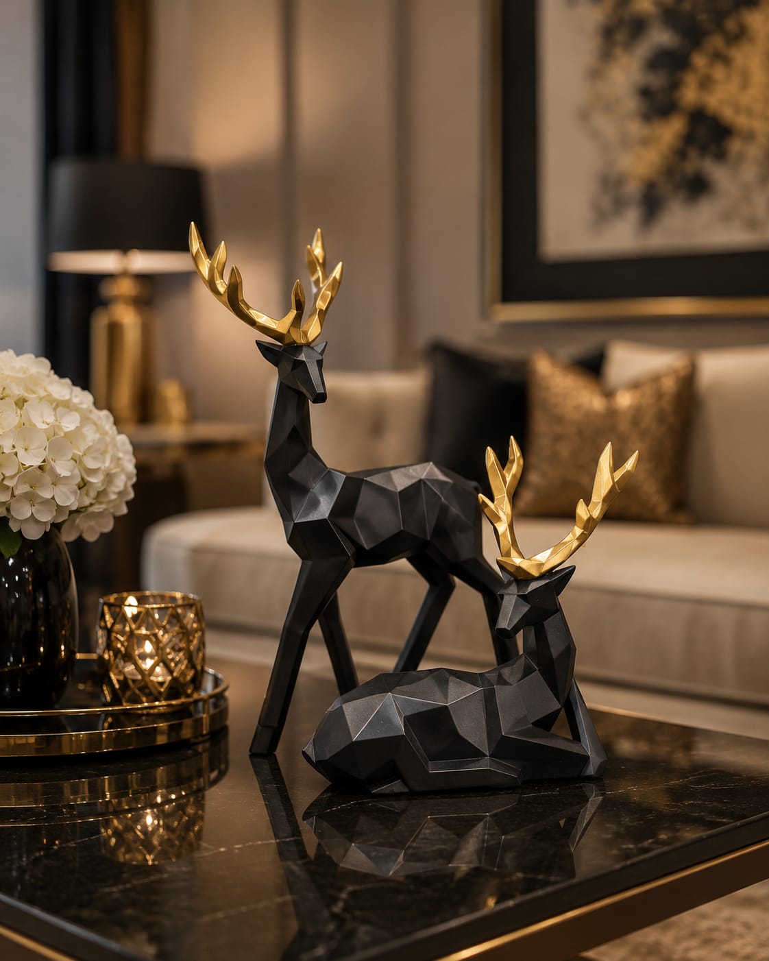 Luxury Black & Gold Deer Statue Set