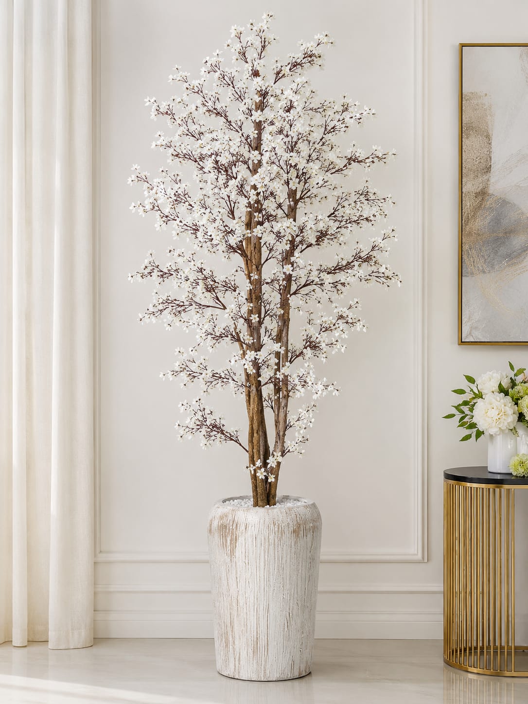 Artificial White Cherry Blossom Tree in Rustic Planter