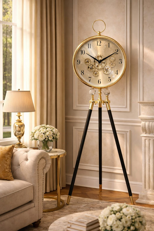 Luxury Vintage Gear Floor Clock with Tripod Stand
