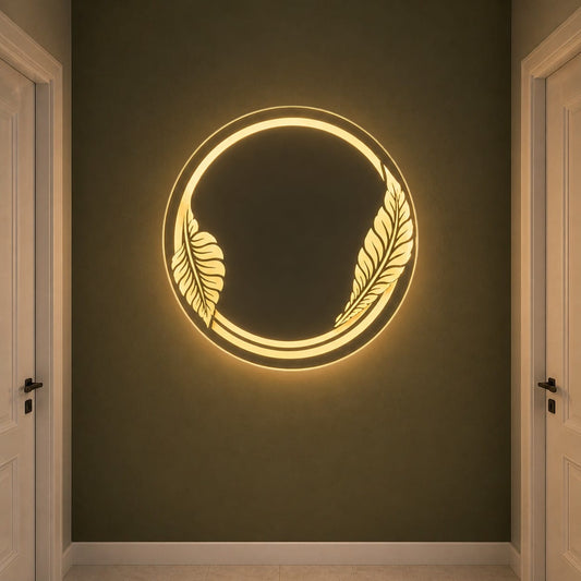 Luxury Round LED Wall Mirror with Golden Leaf Design