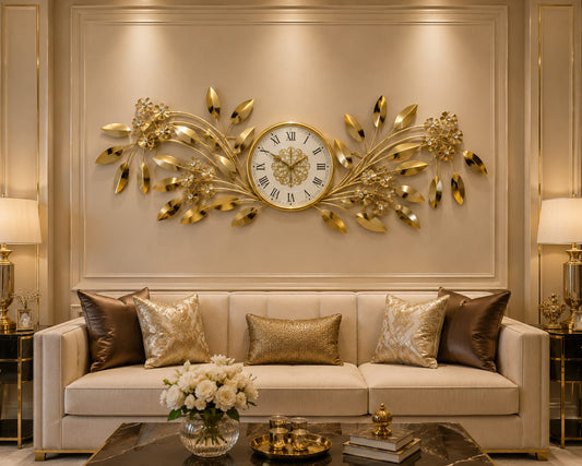 Decorative Floral Metal Wall Clock – 3D Gold Leaf