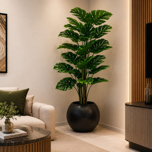 Elegant Black Planter with Lush Artificial Leaves