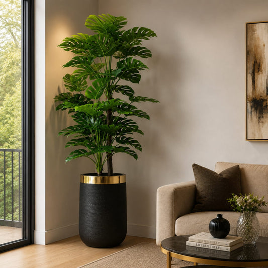 Black Planter with Double Branch Artificial Leaves