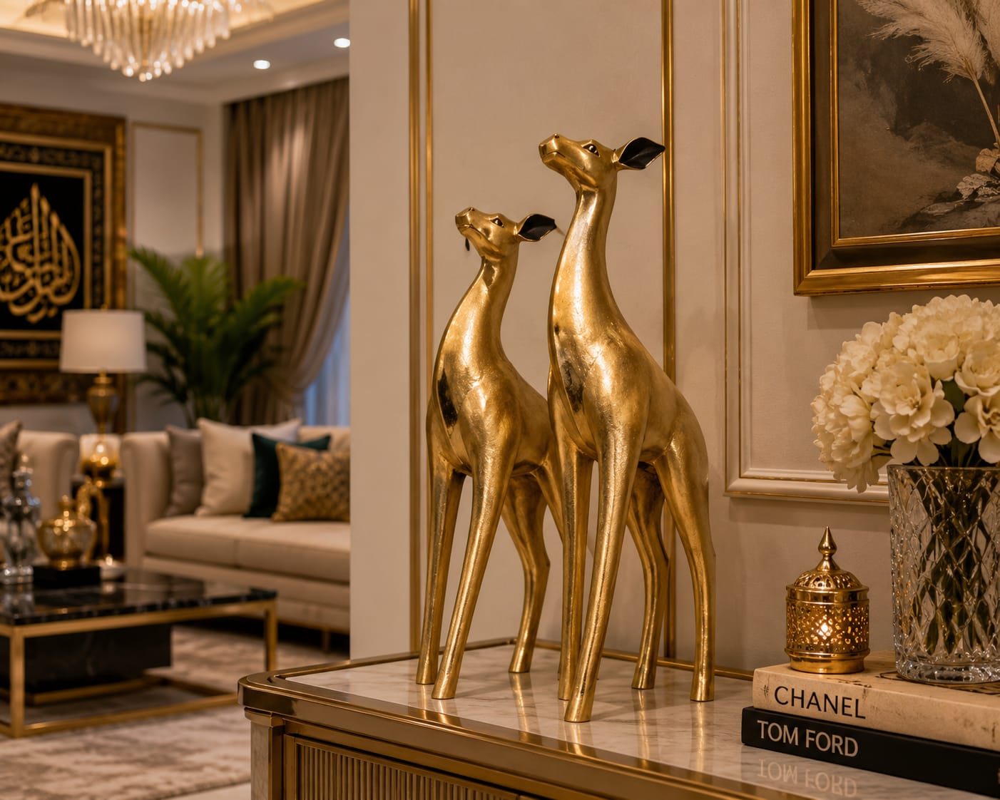Majestic Golden Deer Sculptures (Pair)