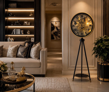Luxury Vintage Tripod Floor Clock – Black & Gold