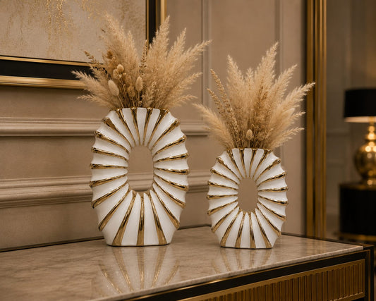 Modern White & Gold Textured Ceramic Vase-Pair