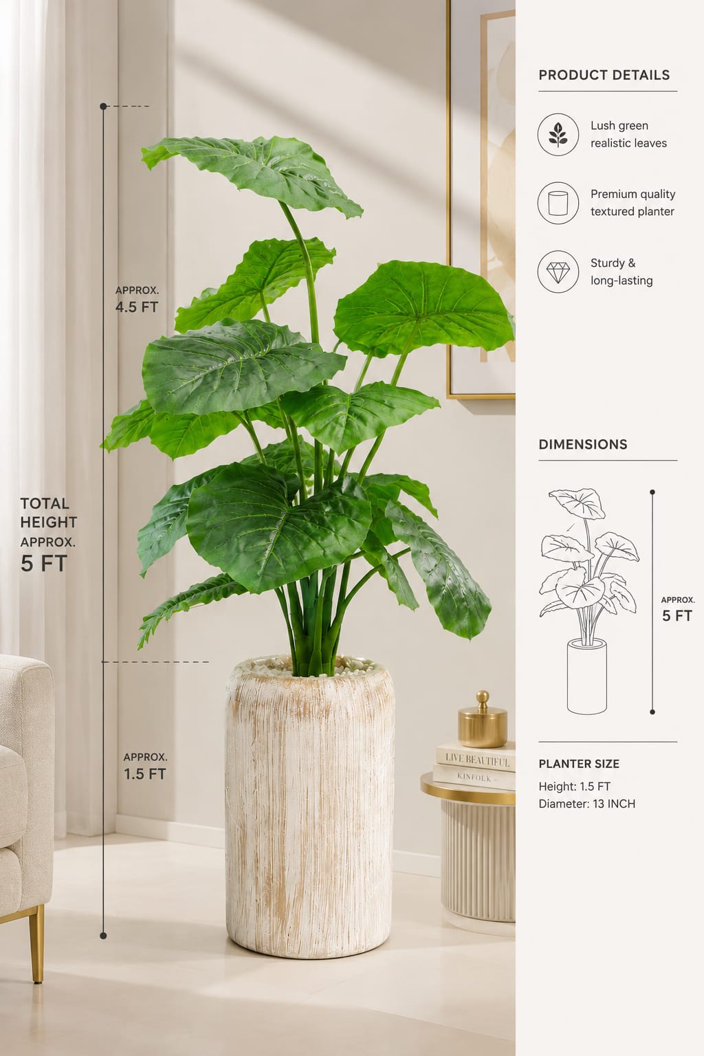 Artificial Large Elephant Ear Plant in Textured Planter
