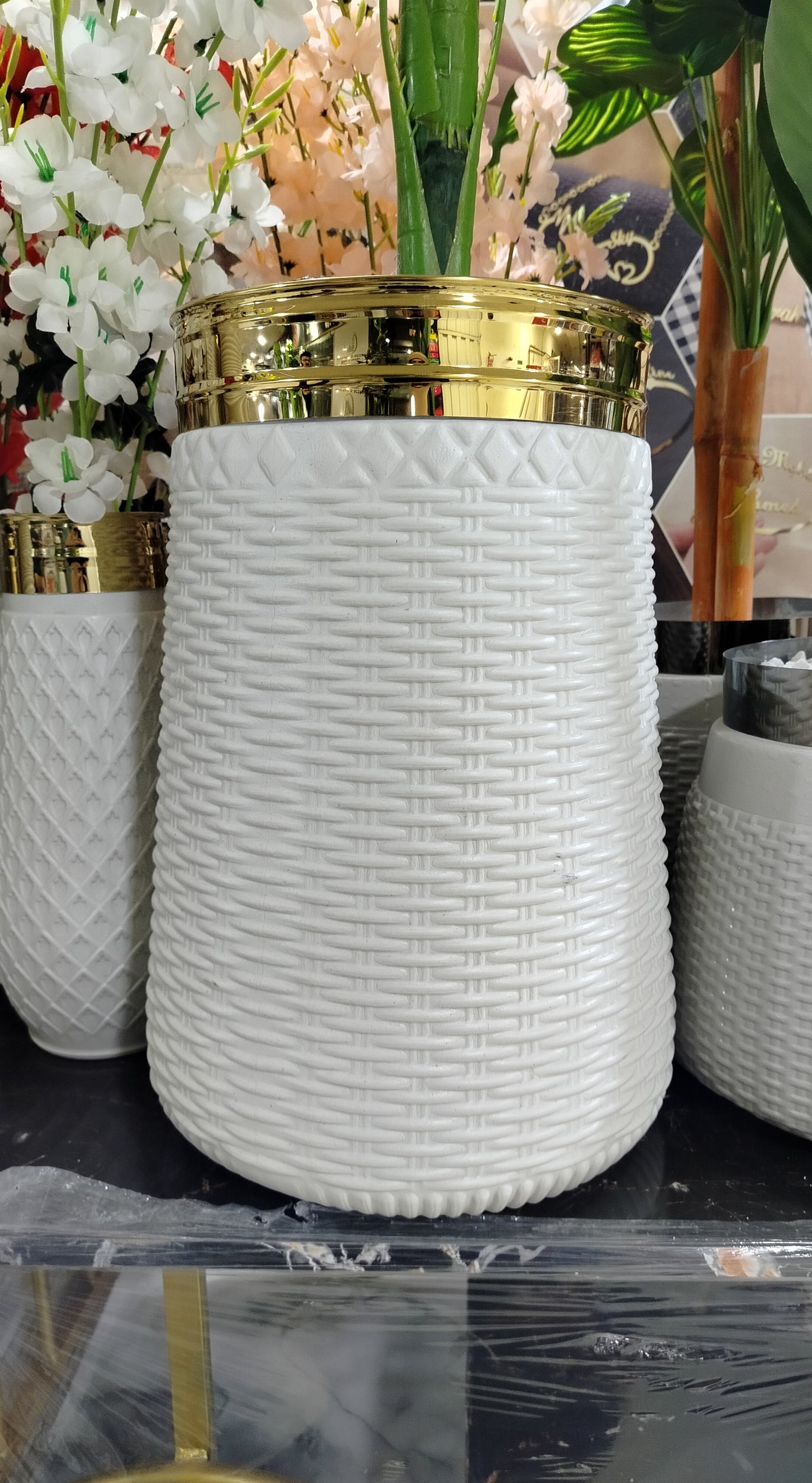 Textured Tall Planter with  Green