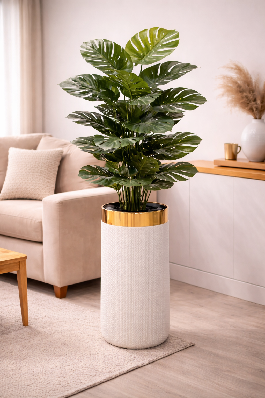 Textured Tall Planter with  Green